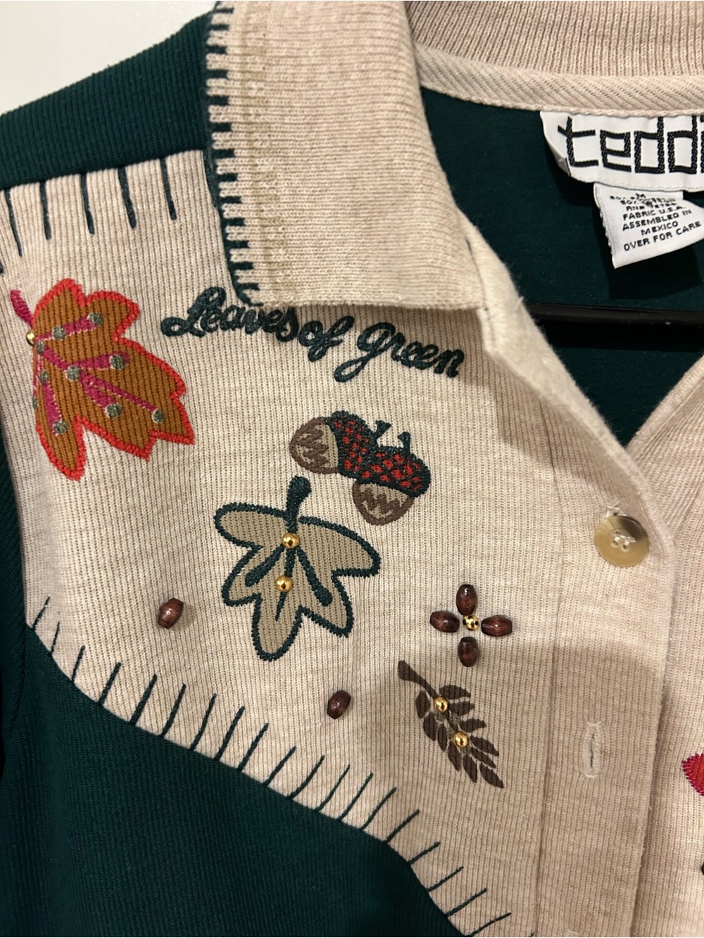 90s Teddi Forest Green & Cream Embroidered Polo Sweater - Picture 4 of 5